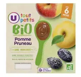 Pots pour bébé dessert pomme et pruneau sans morceaux BIO - dès 6 mois, U Tout Petits  (4 x 100 g)