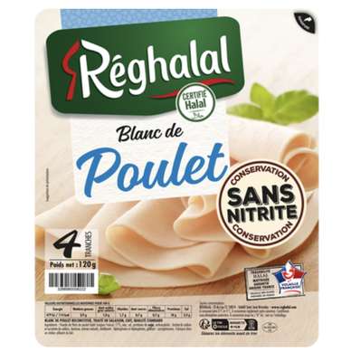 Blanc de poulet sans nitrite, Reghalal (x 4 tranches, 120 g)