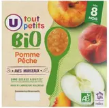 Pots pour bébé dessert pomme et pêche avec morceaux - dès 8 mois, U Tout Petits (4 x 100 g)