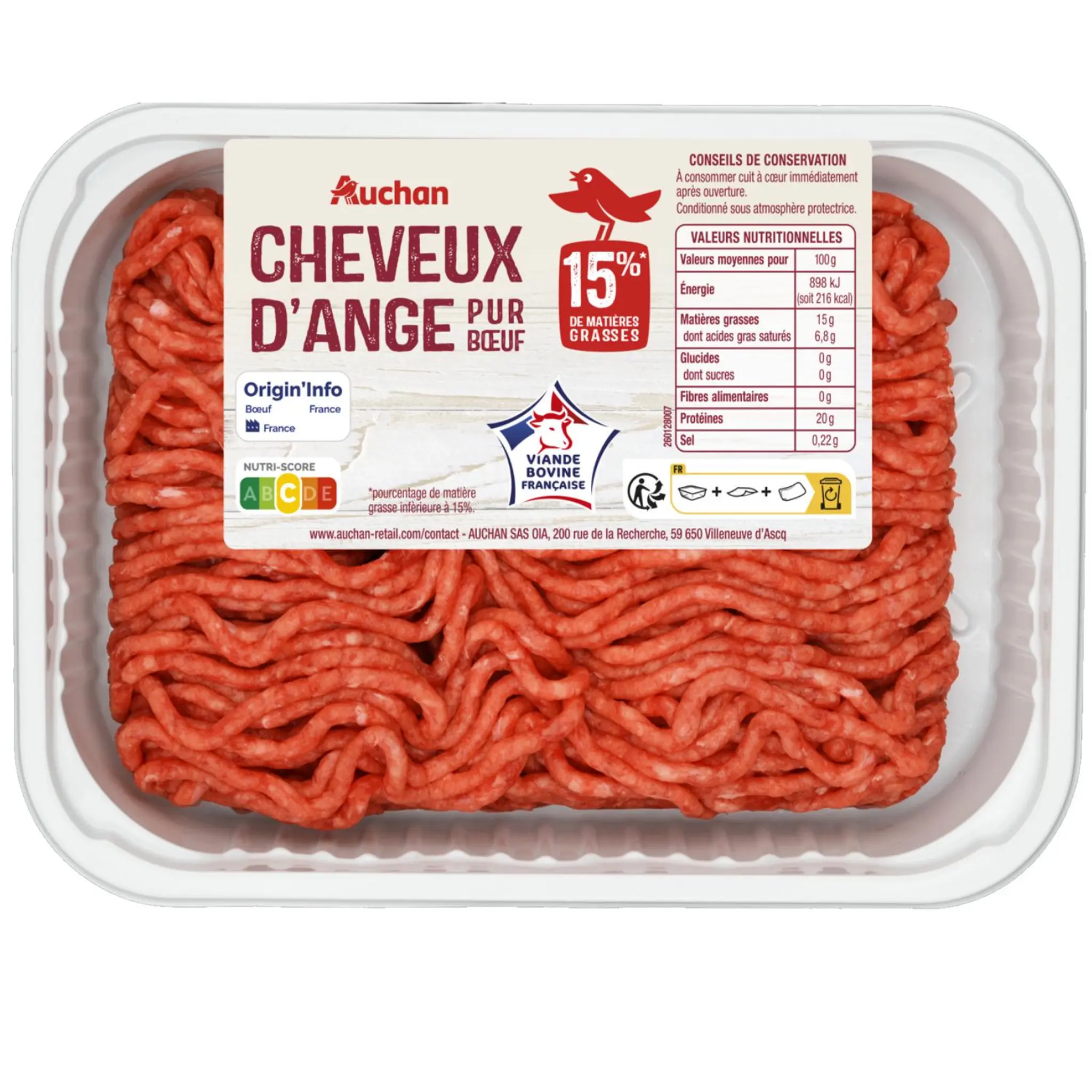 AUCHAN Cheveux d'ange pur bœuf 15%MG