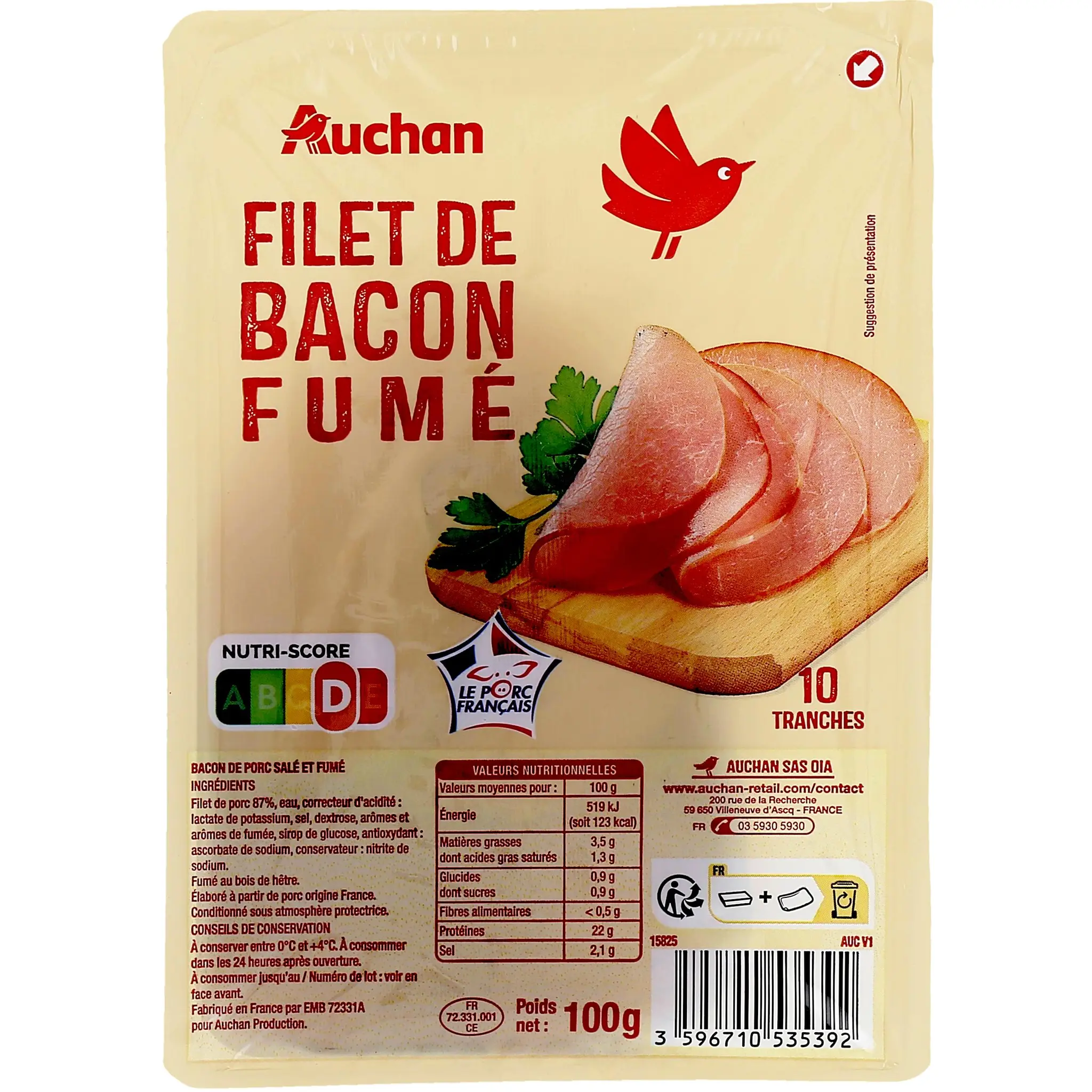 AUCHAN Filet de bacon fumé