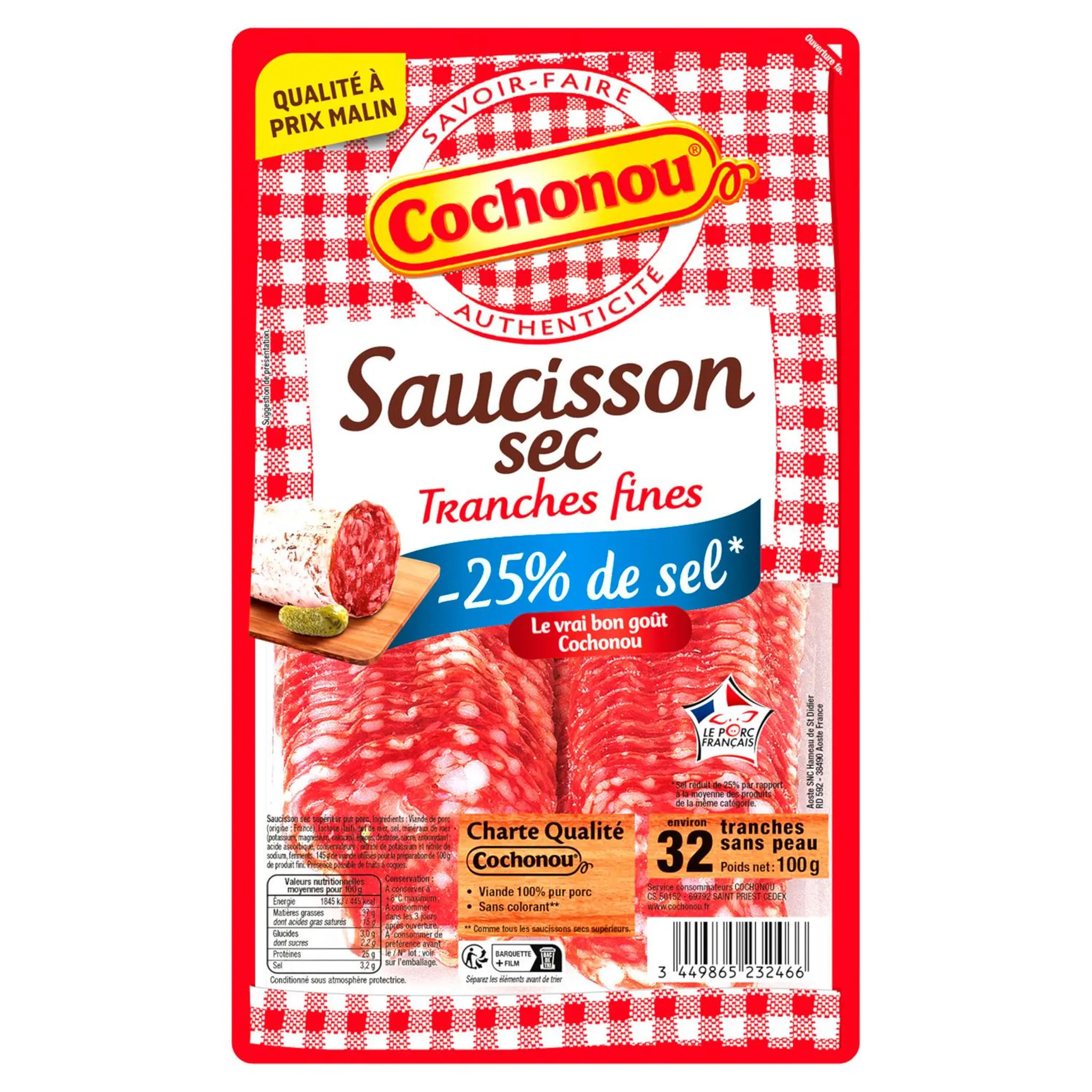 COCHONOU Saucisson sec tranches fines réduit en sel