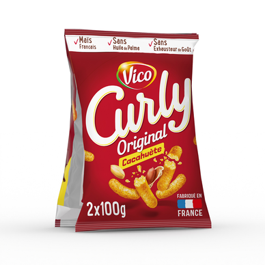 Biscuits apéritifs CURLY goût cacahuète, 2 sachet de 100g