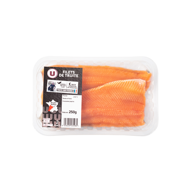 Filet de truite, Oncorhynchus Mykiss, élevée en France, 2 pièces, barquette, 250g