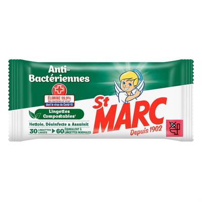 St-Marc Lingettes antibactériennes compostables, 30 lingettes
