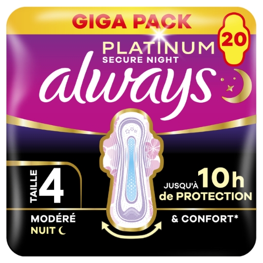 Serviettes Hygiéniques Platinum Secure Night Avec Ailettes Flux Modéré Nuit Taille 4 ALWAYS
