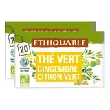 Ethiquable - Commerce Equitable Thé vert gingembre citron vert bio de Ceylan- 20 sachets, Lot de 2x36g