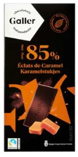 Tablette noir 85% éclats de caramel, Chocolat Galler (80 g)