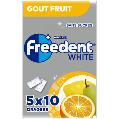 Chewing-gum White Fruits sans sucres FREEDENT 5x10 dragées