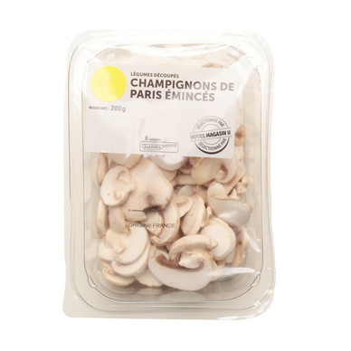 Champignon Paris blanc émincé, barquette 200g