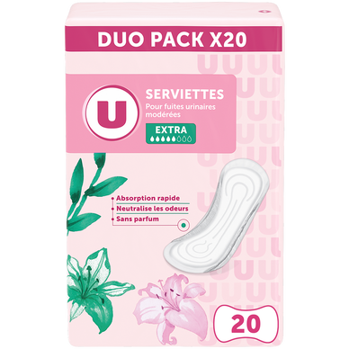 Serviettes U incontinence extra duopack x20