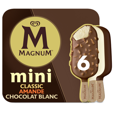 Glace en bâtonnet mini classic, amande & chocolat blanc MAGNUM X6 254G