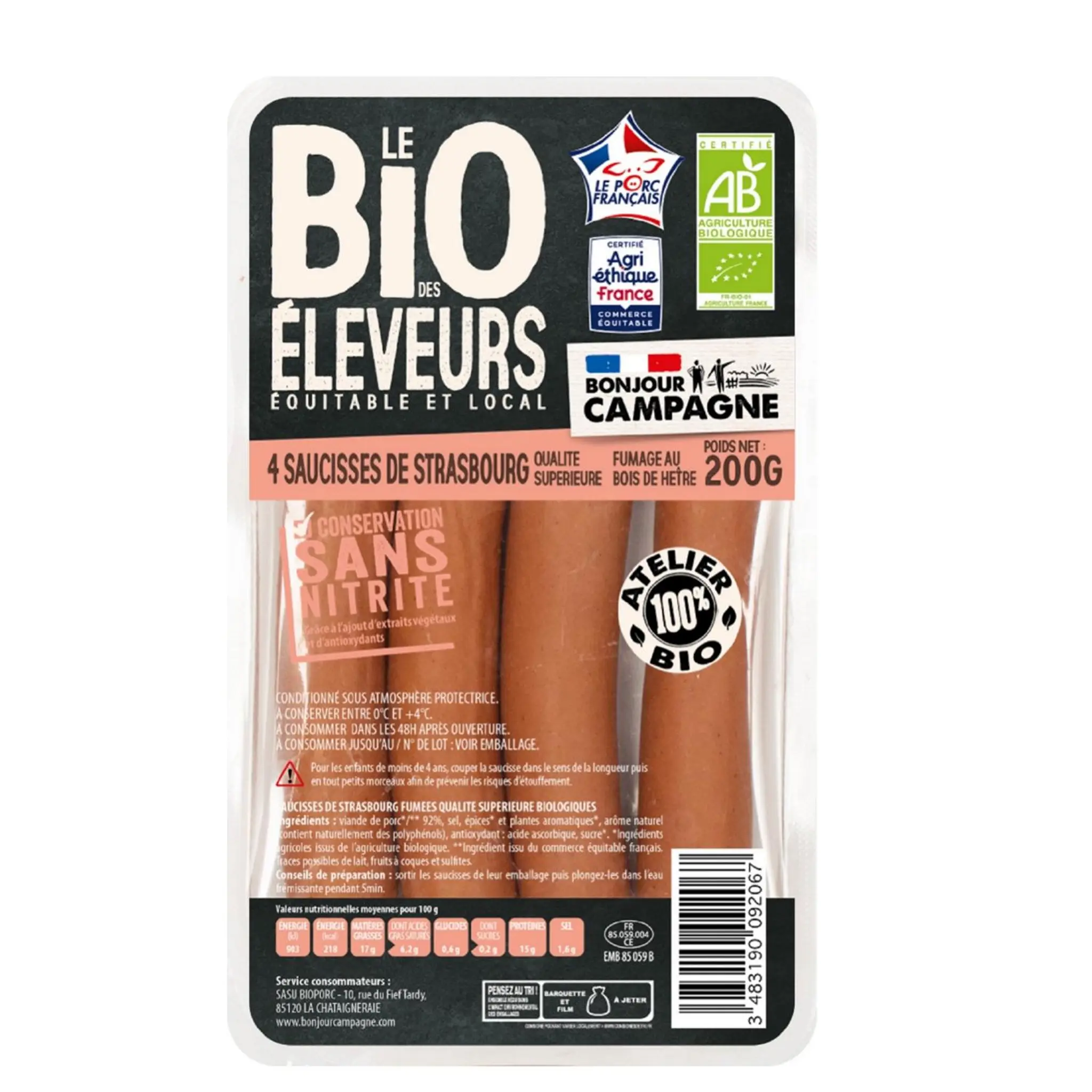 LE BIO DES ELEVEURS Saucisses de Strasbourg bio sans nitrite