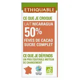 Ethiquable - Commerce Equitable Chocolat au Lait Nicaragua 50% fèves de cacao et sucre complet bio, 100g