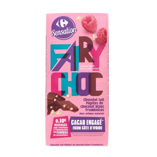 Tablette de Chocolat Lait Fairy Choc Framboise Pépites de Chocolat Blanc CARREFOUR SENSATION