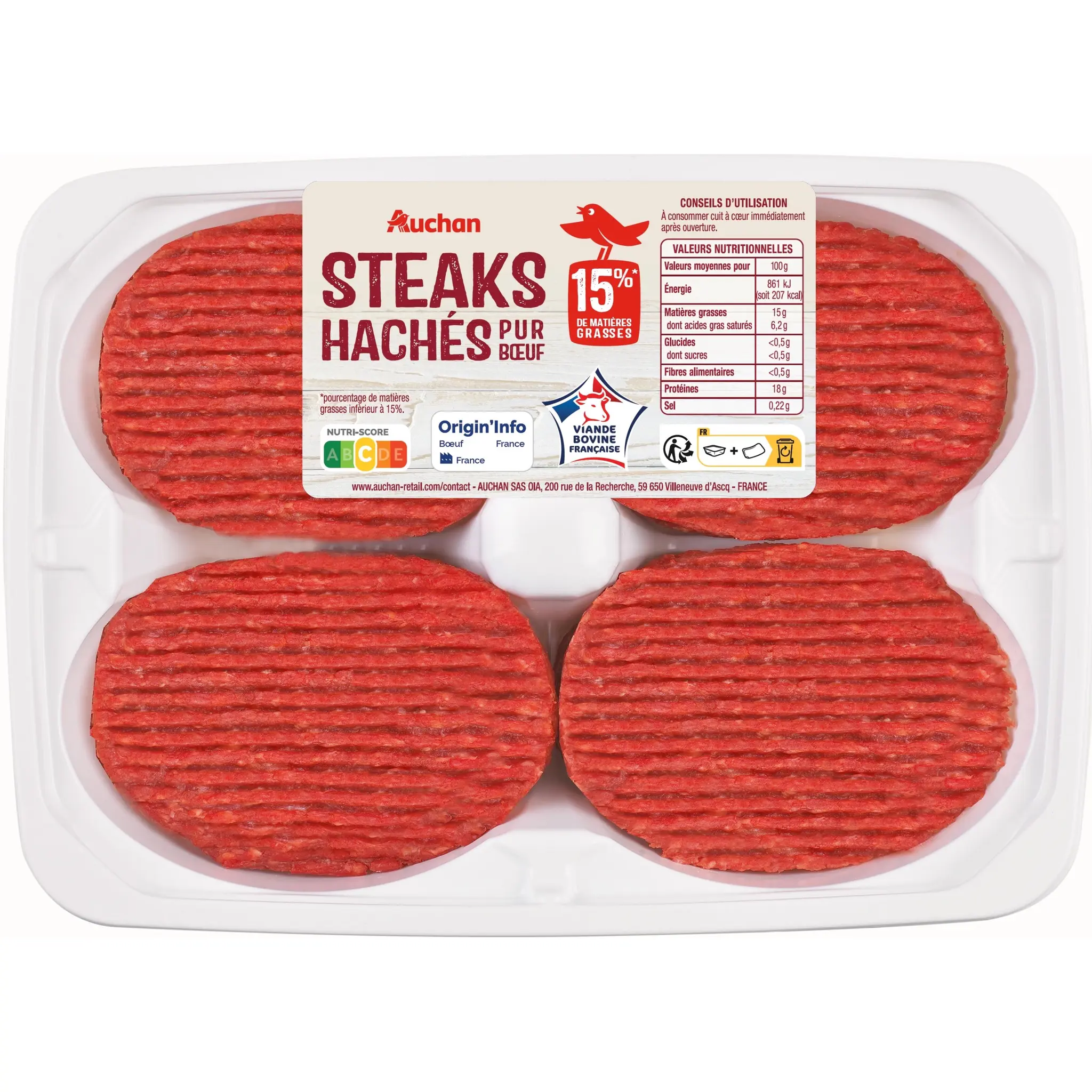 AUCHAN Steak haché pur boeuf 15%mg