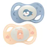 Sucettes Silicone Anatomiques Extra-Slim Nuit 0-6 Mois Bleu Beige Pingouin Lapin Collection LUC ET LEA