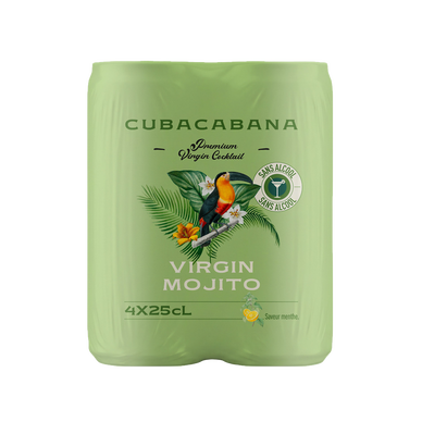Mocktail CUBACABANA virgin mojito sans alcool, cannette de 4x25cl, boisson gazéifiée sans alcool, au jus de citron à base de concentré, aromatisée à la menthe et au citron