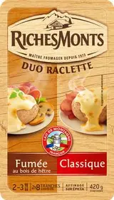 Raclette au lait pasteurisé duo classique-goût fumé, RichesMonts (16 tranches, 420 g)