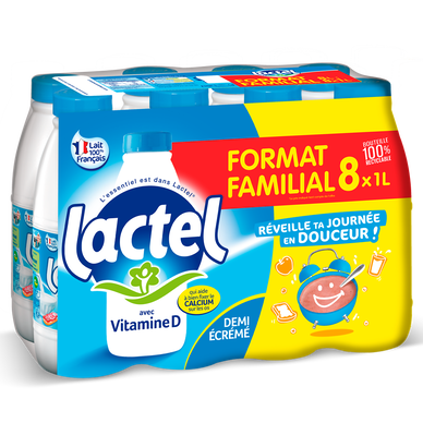 Lait UHT 1/2 écrémé vitamine D LACTEL 8x1L format familial