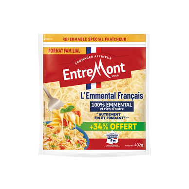 Emmental râpé extra fin Français ENTREMONT, 30%mg, 300g+34% offert
