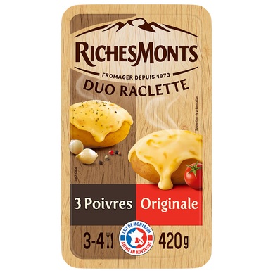 Fromage à raclette nature et 3 poivres RICHESMONTS - 16 tranches 420g