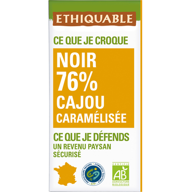ETHIQUABLE - Chocolat noir 76% Cajou caramélisée BIO - la tablette de100g