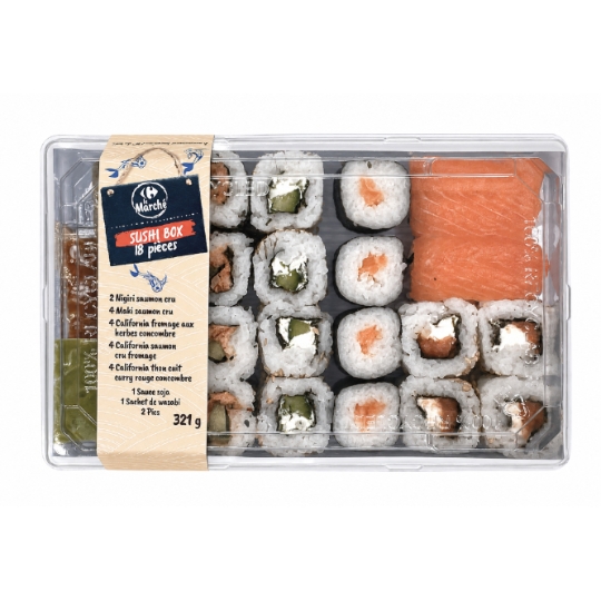Sushis Box + 1 Sauce Soja + 1 Sachet de Wasabi + 2 Pics CARREFOUR LE MARCHE