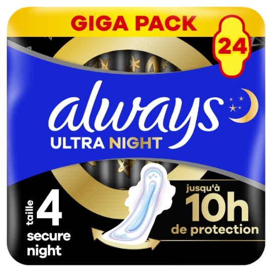 Serviettes Hygiéniques Ultra Night Avec Ailettes Secure Night Taille 4 ALWAYS