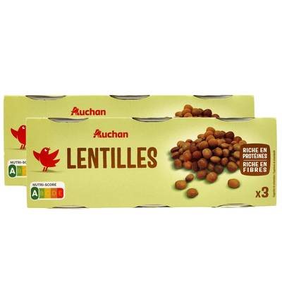 Auchan Lentilles préparées en conserve, Lot de 2 - 3x130g