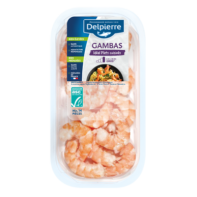 Gambas royale cuite décortiquée, cal.26/30, élevée Amérique Centrale,élaborée en France, barquette de 200g