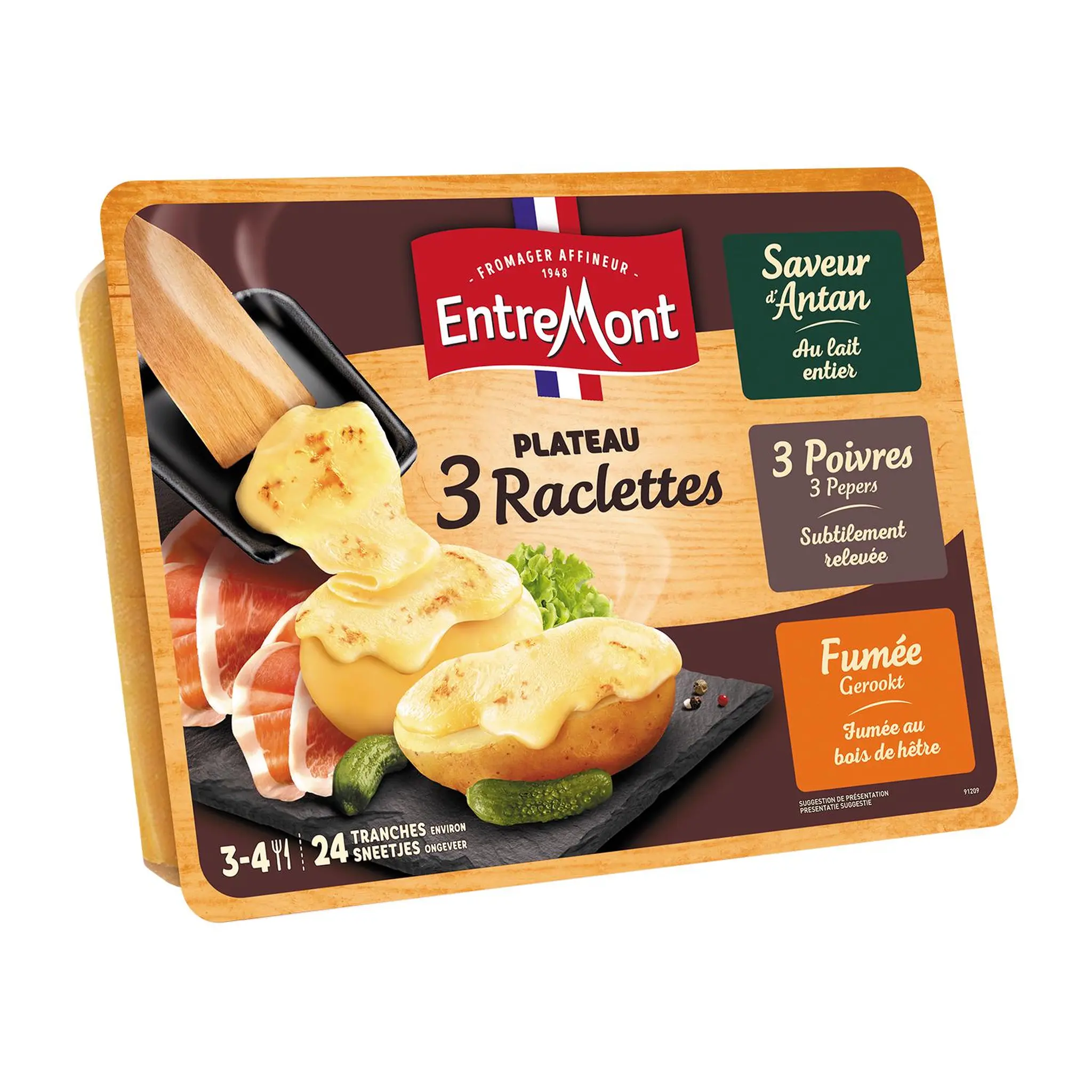 ENTREMONT Plateau fromage 3 raclettes fumée 3 poivres et saveur d'antan en tranches