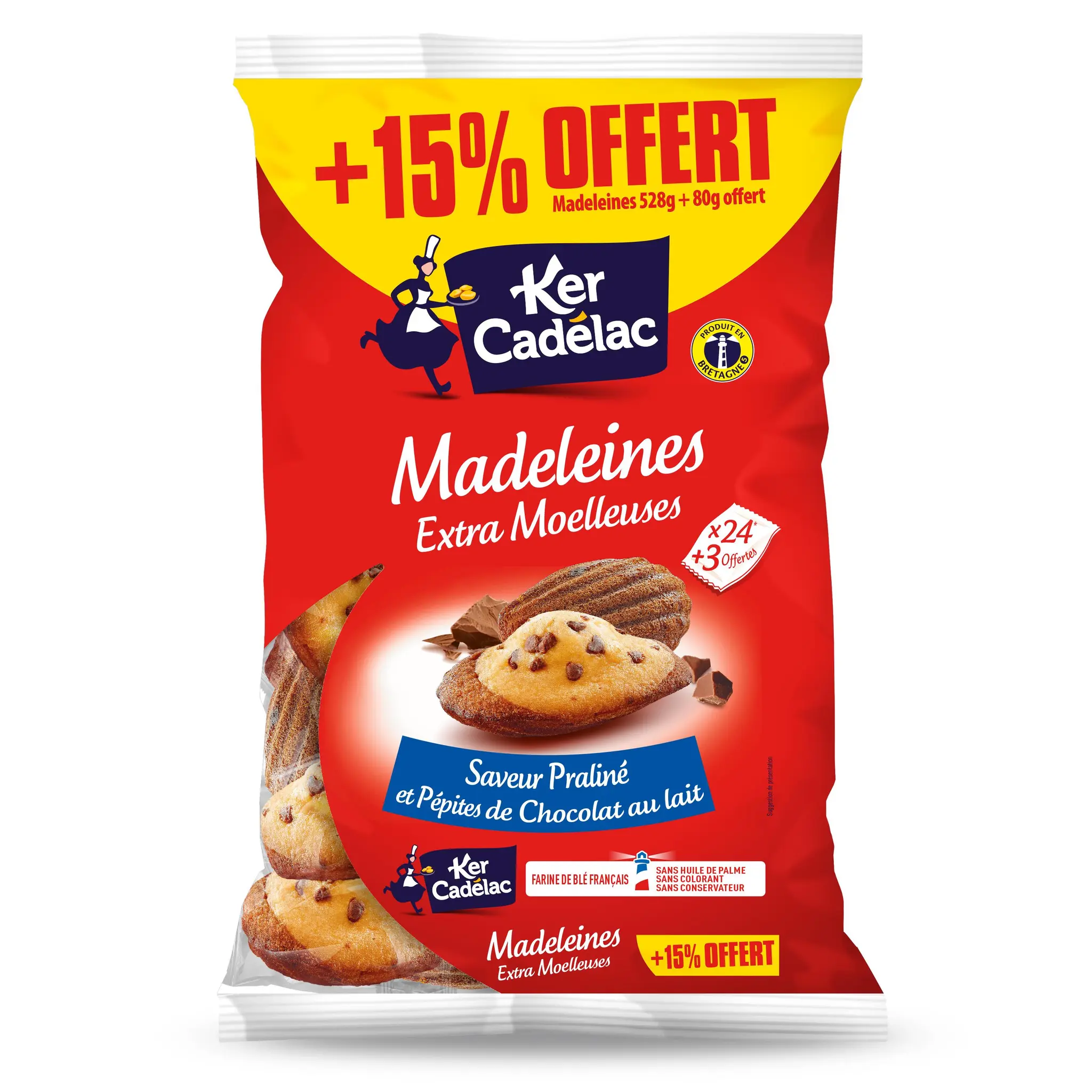 KER CADELAC Madeleines saveur praliné pépites chocolat au lait extra moelleuses