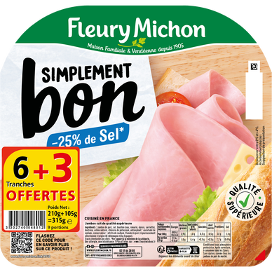 Jambon Simplement Bon -25% de sel FLEURY MICHON 6 tranches + 3 tranches offertes - 315g