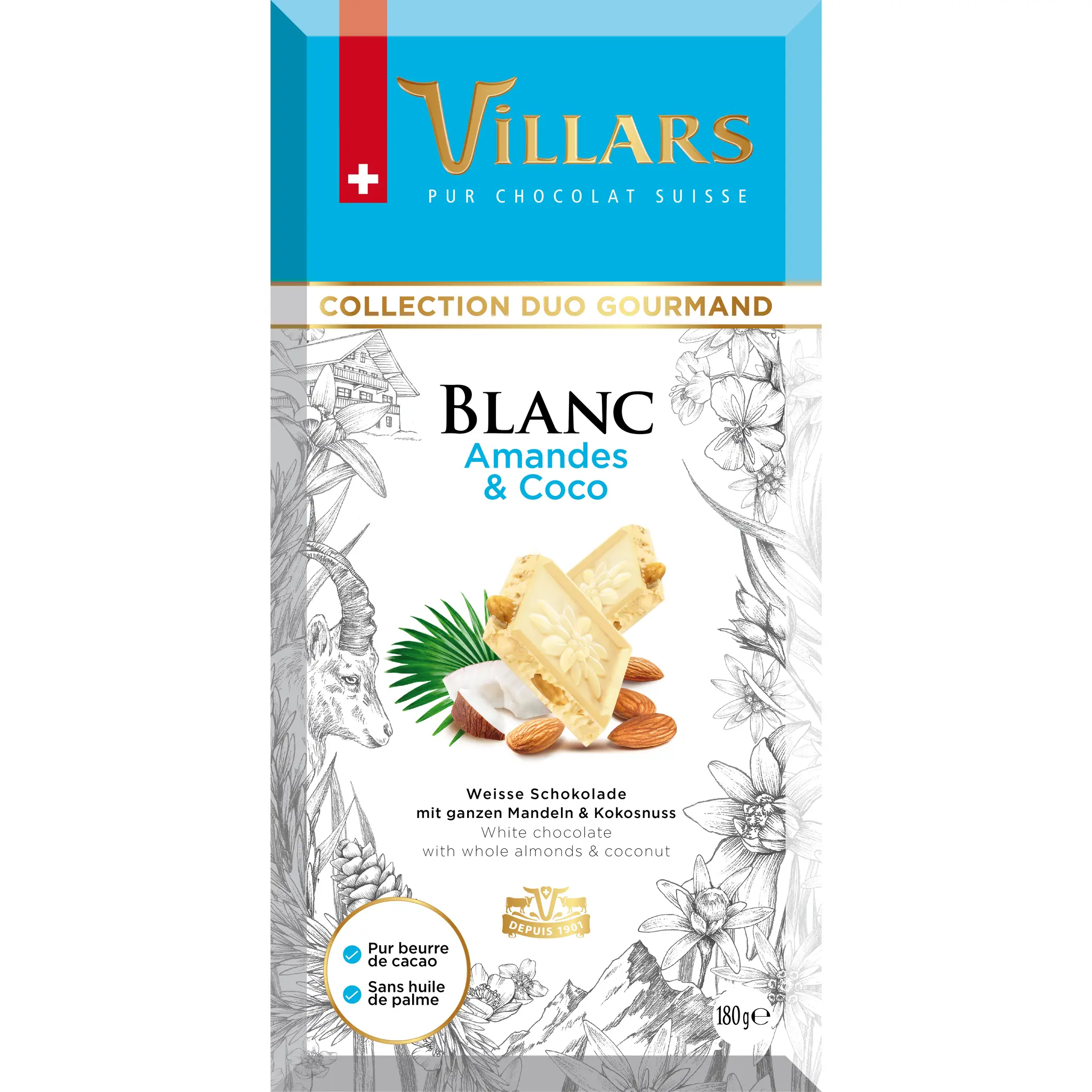 VILLARS Tablette de chocolat blanc amandes et coco