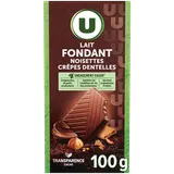 Chocolat lait à la pâte de noisette, brisures de crêpe dentelle et auxéclats de noisettes caramélisées, 100g